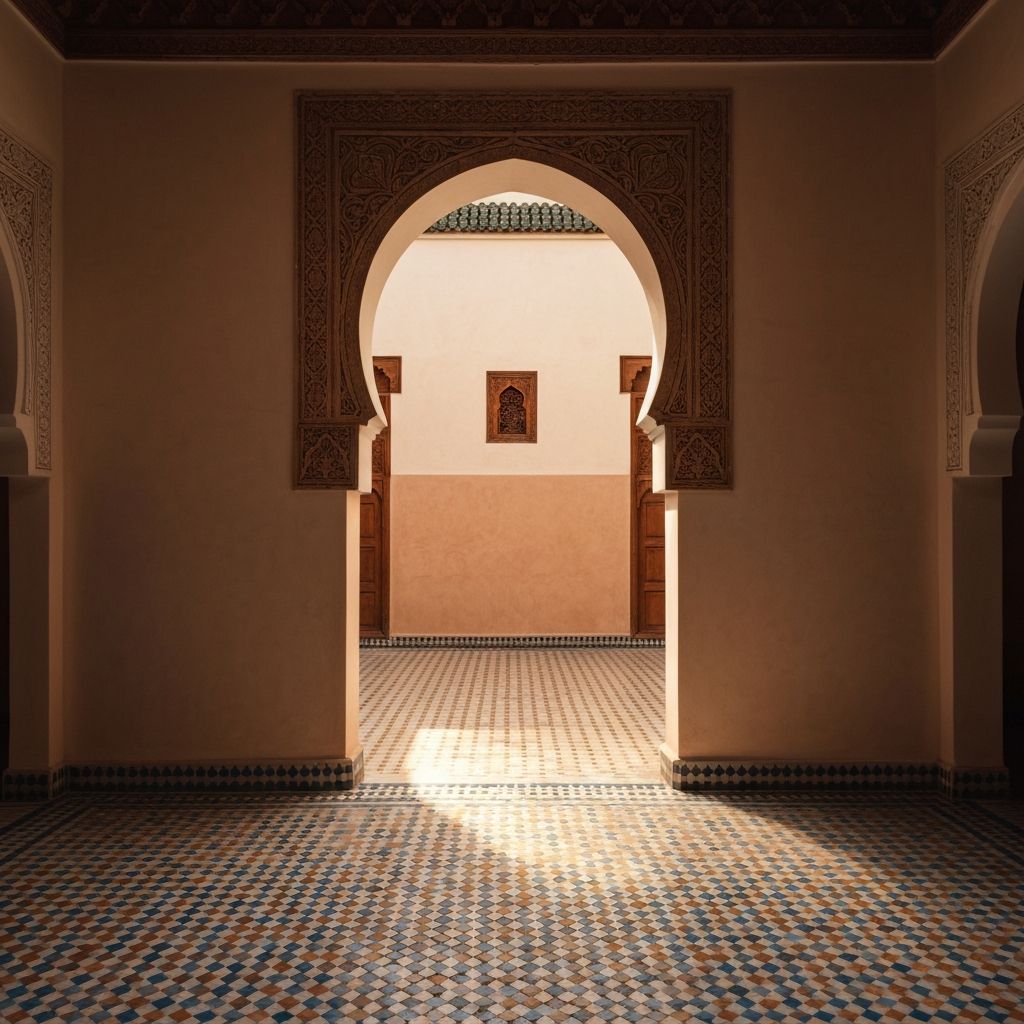 A sunlit Moroccan riad courtyard seen through a keyhole archway, with carved cedar and zellige tile