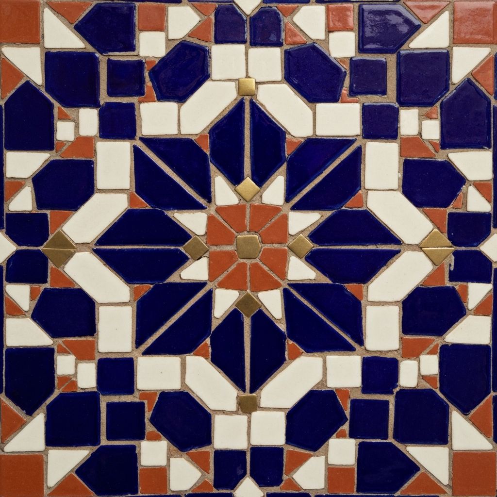 Close-up of a Moroccan zellige eight-point star tile mosaic in cobalt, terracotta, and cream